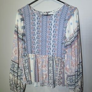 American eagle Floral Patchwork Boho Blouse - Blue and White S